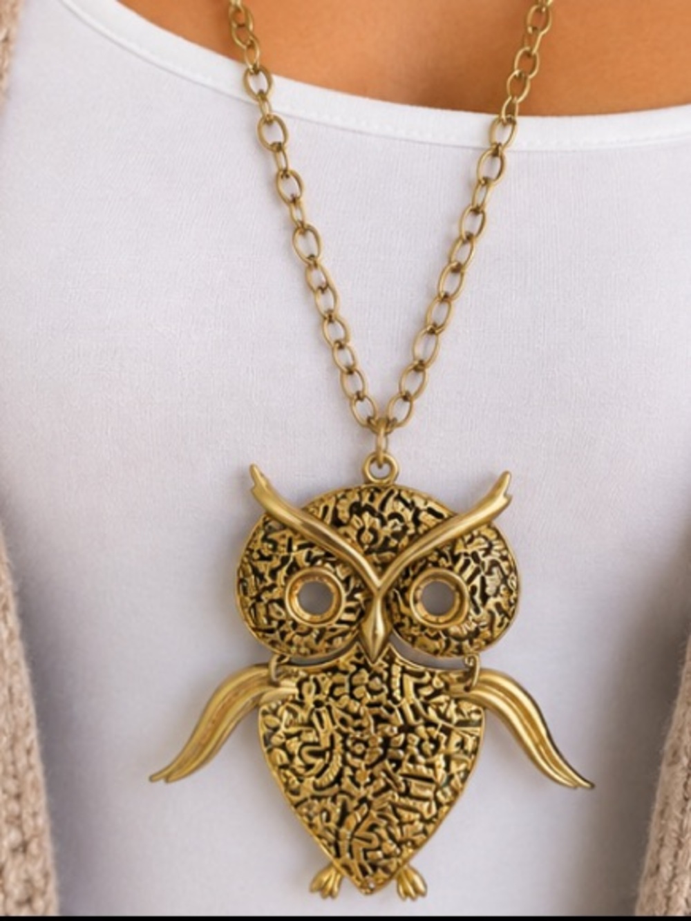 Vintage ART Owl Necklace 30” Gold Tone Articulated Pendant 1970s Statement - Picture 2 of 8